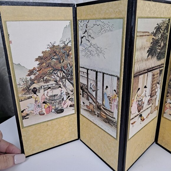 Mini Korean 8 Panel Tabletop Folding Screen & 2 Jade/Coral Asian Shadow Boxes - Picture 10 of 16
